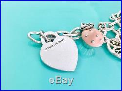 Tiffany & Co Silver Charm Bracelet Enamel Pig Cup Cake I Love You Heart Key 7.5