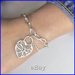 Tiffany & Co. Silver Filigree Large Heart Key Charm Bangle Bracelet 7.5in 19025C