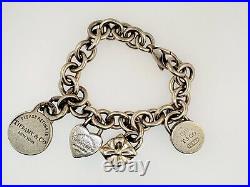 Tiffany & Co Silver Gift Box Love Lock Heart Padlock 4 Charm Bracelet 7 inch