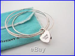 Tiffany & Co Silver I Love You Heart Padlock Charm Triple Bangle Bracelet Rare