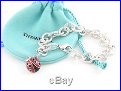 Tiffany & Co Silver Red Black Enamel Ladybug Charm Bracelet Bangle