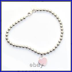 Tiffany & Co. Silver Return To Mini Bead Bracelet Pink Enamel Heart Charm NO BOX