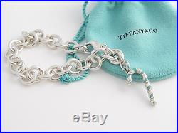 Tiffany & Co Silver Turquoise Blue Enamel Candy Cane Charm Bracelet Bangle