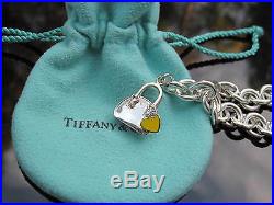Tiffany & Co Silver Yellow Enamel Heart Handbag Purse Charm Bracelet Bangle