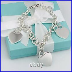 Tiffany & Co Sterling Silver 3 Three Charm Blank Heart Tag Charm Bracelet