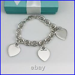 Tiffany & Co Sterling Silver 3 Three Charm Blank Heart Tag Charm Bracelet