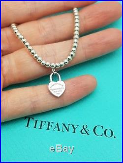 Tiffany & Co Sterling Silver 3mm Ball Bead Bracelet With Small Padlock Charm 7