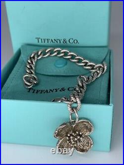 Tiffany & Co. Sterling Silver 7 Dogwood Flower Charm Bracelet in Pouch & Box