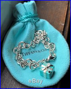 Tiffany & Co. Sterling Silver 925 Blue Enamel Gift Box Charm Link Bracelet S 7