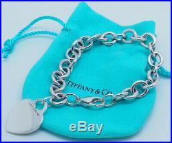 Tiffany & Co Sterling Silver/925 Heart Tag Charm Rolo Bracelet-7.5 withPouch