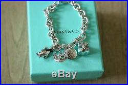 Tiffany & Co Sterling Silver Charm Bracelet withPenguin, Crown, Gift box & E charm