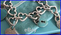 Tiffany & Co Sterling Silver Heart Charms Blue Enamel Clasping Link Bracelet