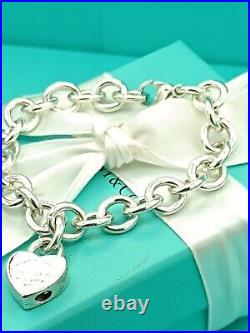 Tiffany & Co Sterling Silver Padlock Heart Charm Bracelet 7.5 Genuine