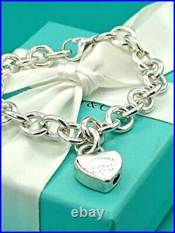 Tiffany & Co Sterling Silver Padlock Heart Charm Bracelet 7.5 Genuine