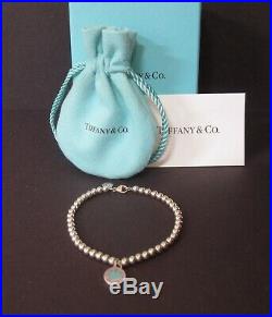Tiffany & Co Sterling Silver Round Blue Heart Charm Bead Bracelet 7 Box Pouch