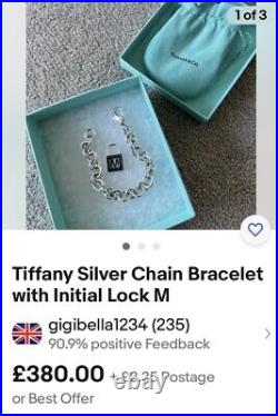 Tiffany&co 925 Silver Padlock & K Charm Bracelet 32gr 19cm Genuine Vintage