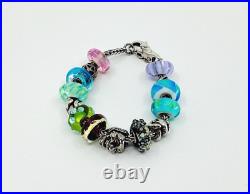 Trollbeads Bracelet. 12 Charm Beads/2 Spacer Beads. Silver. Glass. Flower Clasp