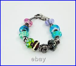 Trollbeads Bracelet. 12 Charm Beads/2 Spacer Beads. Silver. Glass. Flower Clasp