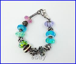 Trollbeads Bracelet. 12 Charm Beads/2 Spacer Beads. Silver. Glass. Flower Clasp