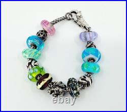 Trollbeads Bracelet. 12 Charm Beads/2 Spacer Beads. Silver. Glass. Flower Clasp