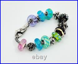 Trollbeads Bracelet. 12 Charm Beads/2 Spacer Beads. Silver. Glass. Flower Clasp