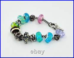 Trollbeads Bracelet. 12 Charm Beads/2 Spacer Beads. Silver. Glass. Flower Clasp