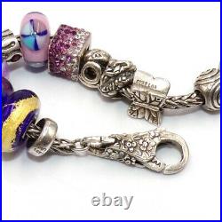 Trollbeads Sterling Silver Purple Glass Flower Lace Lock 15 Charm Bracelet LLC3