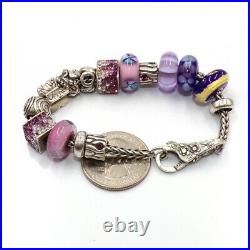 Trollbeads Sterling Silver Purple Glass Flower Lace Lock 15 Charm Bracelet LLC3