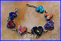 Turquoise, Spiny, Lapis and Onyx Heart Bracelet Sterling Silver 7 charms
