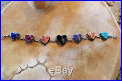 Turquoise, Spiny, Lapis and Onyx Heart Bracelet Sterling Silver 7 charms