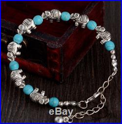 UK Silver Tibetan Elephant Blue Turquoise Crystal Gemstone Bead Charm Bracelet