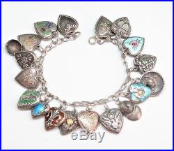 VINTAGE ENAMELED STERLING SILVER PUFFY HEART 19-CHARM BRACELET, 6, 29.8 grams