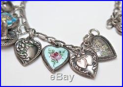 VINTAGE ENAMELED STERLING SILVER PUFFY HEART 19-CHARM BRACELET, 6, 29.8 grams