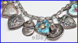 VINTAGE ENAMELED STERLING SILVER PUFFY HEART 19-CHARM BRACELET, 6, 29.8 grams