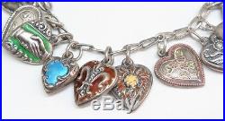 VINTAGE ENAMELED STERLING SILVER PUFFY HEART 19-CHARM BRACELET, 6, 29.8 grams