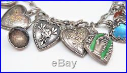 VINTAGE ENAMELED STERLING SILVER PUFFY HEART 19-CHARM BRACELET, 6, 29.8 grams