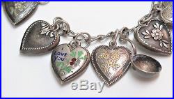 VINTAGE ENAMELED STERLING SILVER PUFFY HEART 19-CHARM BRACELET, 6, 29.8 grams