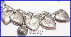 VINTAGE ENAMELED STERLING SILVER PUFFY HEART 19-CHARM BRACELET, 6, 29.8 grams