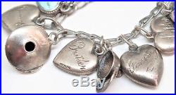 VINTAGE ENAMELED STERLING SILVER PUFFY HEART 19-CHARM BRACELET, 6, 29.8 grams