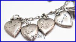 VINTAGE ENAMELED STERLING SILVER PUFFY HEART 19-CHARM BRACELET, 6, 29.8 grams