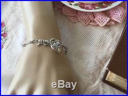 VINTAGE STERLING SILVER ANTIQUE CHAIN BRACELET with HEART PADLOCK and KEY CHARM