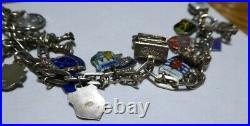 VINTAGE STERLING SILVER CHARM BRACELET With 22 CHARMS, ENAMEL TRAVEL SHIELDS OTHER