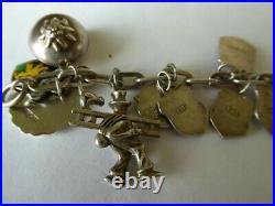 VINTAGE STERLING SILVER CHARM BRACELET With 22 CHARMS, ENAMEL TRAVEL SHIELDS OTHER