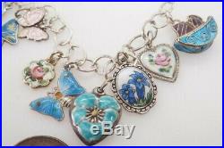 VINTAGE STERLING SILVER CHARM BRACELET with 16 ENAMEL FLOWER BUTTERFLY etc CHARMS