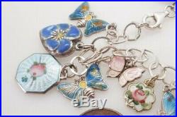 VINTAGE STERLING SILVER CHARM BRACELET with 16 ENAMEL FLOWER BUTTERFLY etc CHARMS