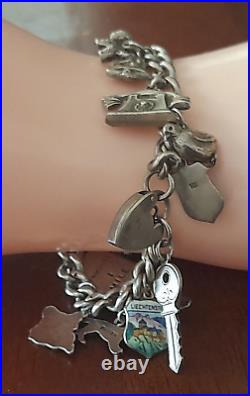 VINTAGE STERLING SILVER CURB LINK 17 CHARM BRACELET + HEART LOCK 17cms. #qq