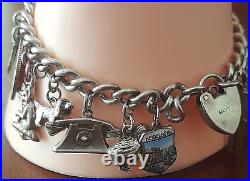 VINTAGE STERLING SILVER CURB LINK 17 CHARM BRACELET + HEART LOCK 17cms. #qq