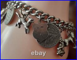 VINTAGE STERLING SILVER CURB LINK 17 CHARM BRACELET + HEART LOCK 17cms. #qq