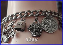 VINTAGE STERLING SILVER CURB LINK 17 CHARM BRACELET + HEART LOCK 17cms. #qq