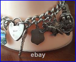 VINTAGE STERLING SILVER CURB LINK 17 CHARM BRACELET + HEART LOCK 17cms. #qq